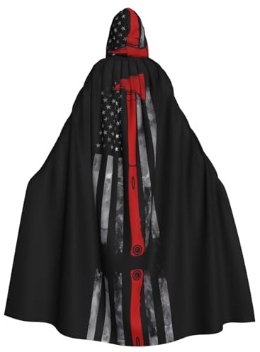 HHGFASD Capa con capucha de Halloween para adultos, hacha de bombero, patrón de bandera de línea roja, cómoda y suave con ala grande, adecuada para fiestas de baile y reuniones