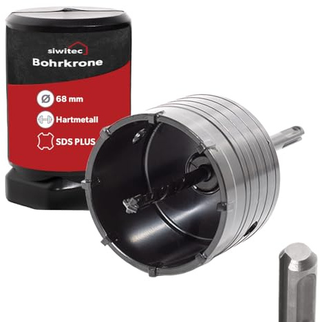 siwitec SDS Plus Hartmetall Bohrkrone 68mm mit Zentrierbohrer und Standard Bit, Steckdosenbohrer für Mauerwerke & Unterputz, Dosenbohrer für Unterputzdosen, Hohl-Bohrkrone für Beton, Stein und Ziegel