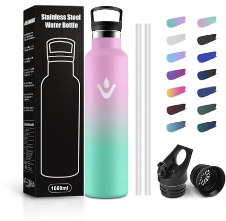 JAPORIA Borraccia Acciaio Inox 1L, Bottiglia Termiche con Cannuccia, Riutilizzabile, a Prova di Perdite, senza BPA, Termos per Gimnasio, Campeggio
