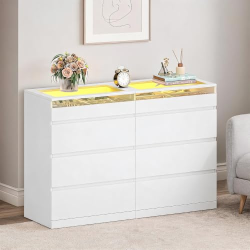 Hzuaneri Commode 40 x 120 x 80 Blanc LED RGB multiprise 8 tiroirs