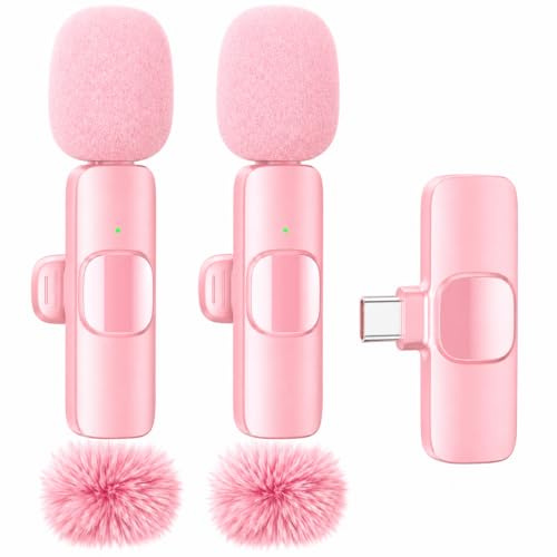 OKLI Wireless Lavalier Microphone for iPhone & Android – 2 Pack Clip On Wireless Mic, 65ft Range, Noise Reduction, USB-C & Lightning Plug and Play for TikTok, Interviews & Live Streaming (Pink)