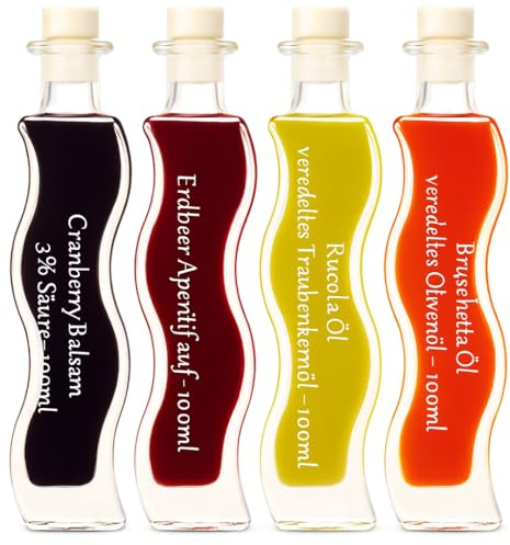 Feinkost Essig & Öl Set – 4er [4x100ml] Geschenkset mit Cranberry Balsam, Erdbeer Aperitif, Rucola Öl & Bruschetta Öl – Edle Gourmet Flaschen für Salate, Antipasti & Küche – Geschenkidee für Genießer