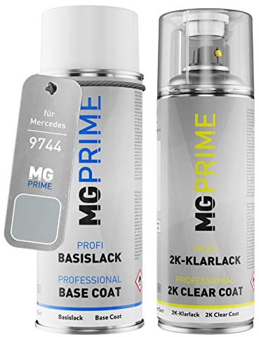 MG PRIME Autolack Spraydose für Mercedes 9744/744 Brillantsilber Me. +2K | Brilliant Silver Metallic / Brillantsilber Metallic, Set aus Basislack + 2K Klarlack, Sprühdosen 400ml