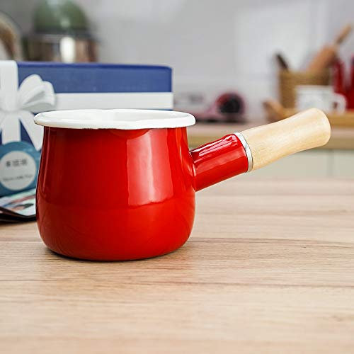 JMAHM Non-Stick Milk Pan Small Milk Pot Tea Coffee Egg Boiling Pot Enamel Wooden Handle Baby Food Supplement Pot Easy Clean Enamel Stockpot (Red)