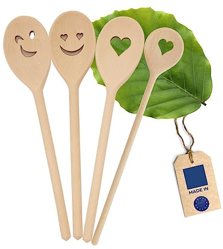 HOFMEISTER® Kochlöffel Set aus Holz, keine Kratzer in Töpfen, ovale und runde Rührlöffel aus EU Produktion, hitzebeständige Holzlöffel, 2x Herz, 2x Gesicht, 30 x 5 x 1,1 cm (4 im Set)