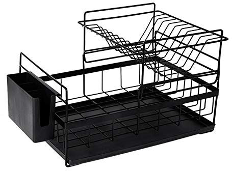 Zewoi Inicio Cocina Estante para Platos Escurridor de Secado utensilio para Sujetar el cáliz del sostenedor de Taza, Bandeja de Goteo con Drenaje Capa de Agua, Doble,Negro