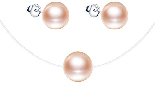 Yumilok Damen Schmuckset Halskette mit Perlen Anhänger & Perlen Ohrstecker Ohrringe aus 925 Sterling Silber weiß rosa schwarz Gold