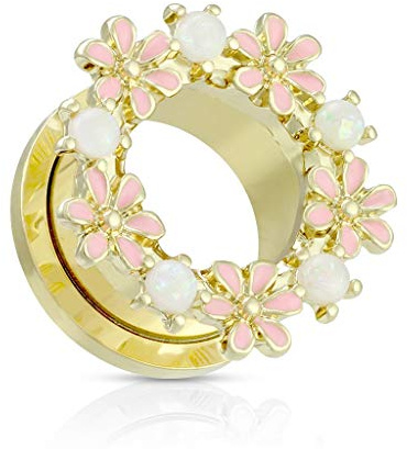 Beyoutifulthings Ohr-Tunnel Opalit Enamel Blumen-Kranz Piercing Schmuck Plug 6-16-mm Screw Fit Flesh Schraub-Verschluss Gold Rosa Weiß