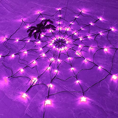 FUNPENY Halloween 80 LED Spider Web Lights with Spider, Battery Powered 8 Modes Light up Cobweb Halloween Decorations for Indoor Ourdoor Garden Yard Home Patio (Purple)