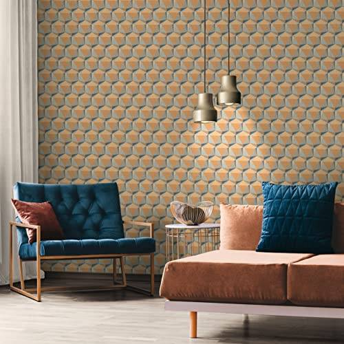 A.S. Création Papier peint Graphique Jaune Bleu Orange Nara 387483 Hexagon Papier peint intissé 10,05 m x 0,53 m Fabriqué en Allemagne