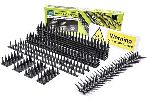 Fence Wall Spikes Garden Tall Bird Spikes Cat Pigeon Deterrent Coverage of Approx.16M Per Box Anti Climb 44 x 4.3 x 3.8cm Warning Sign Included & Screws (Black 24pcs)