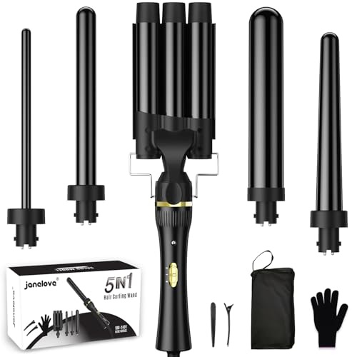 5 in 1 Wand Curling Iron, janelove Hair Curling Wand Set with 3 Barrel Hair Crimper and 4 Interchangeable Ceramic Curling Irons (0.39 -1.25), 2 Temps Fast Heat Hair Waver Curler for All Hair Type