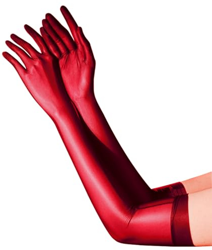 FEESHOW Damen Lange Handschuhe Ellenbogen Elastische Glanz Nylon Handschuhe Nahtlos für 1920er Opern Hochzeit Party Rot L
