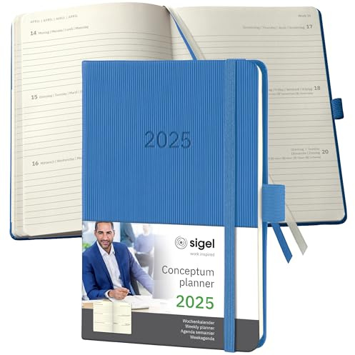 SIGEL C2569 Wochenplaner Wochenkalender 2025, ca. A6, blau, Hardcover, 176 Seiten, Gummiband, Stiftschlaufe, Archivtasche, aus nachhaltigem Papier, Conceptum