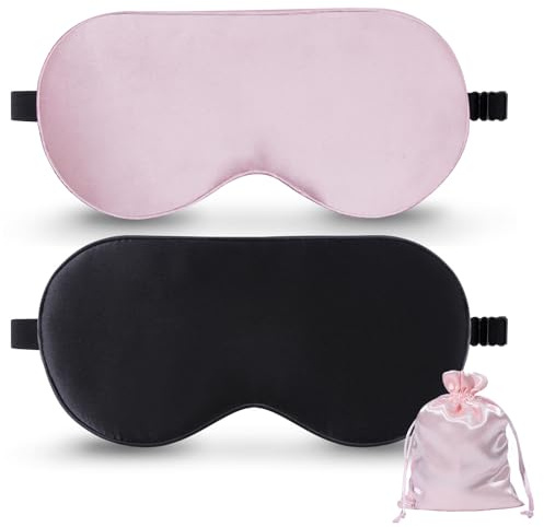 BeeVines Seiden-Schlafmaske, 2er-Pack Augenmaske aus 100% echter natürlicher reiner Seide mit verstellbarem Riemen, Augenmaske zum Schlafen (14 Schwarz & Rosa mit Tasche)