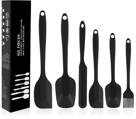 MOACC 6 Stück Silikon Spatel Set, 315℃ Hitzebeständiger Antihaft Flexibler Nahtloser Teigschaber, Silikon Küchenutensilien Set für Kochen Backen Rühren, Schwarz