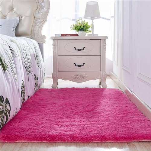 Guetto Hochflor Teppich Wohnzimmer rutschfest Fellteppich Shaggy Flauschig Weich Modern Kunstfell Fell Imitat Einfarbig, Teppich für das Schlafzimmer/Wohnzimmer/Kinderzimmer,Rose red,120x160cm