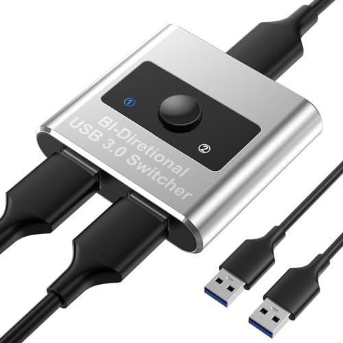 Jancane Switch USB 3.0, in alluminio, bidirezionale, USB Switch 2 PC, commutatore USB 2 in 1 Out/1 in 2 Out, switch KVM USB per PC, stampante, scanner, tastiera, 2 computer condividono 1 dispositivo