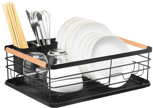 Escurridor De Platos, Escurridor De Platos, Estante para Platos De Metal Negro Mate, con Asas De Madera De Haya, con Soporte para Cubiertos Y Bandeja De Goteo De PláStico