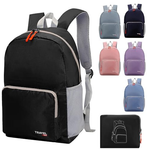 Leichter faltbarer Rucksack von 20-35 L, Studentenrucksack, kleiner wasserfester, haltbarer und stapelbarer Rucksack für Frauen, Männer, Camping im Freien, Reisen, Wandern und Radfahren (Schwarz)