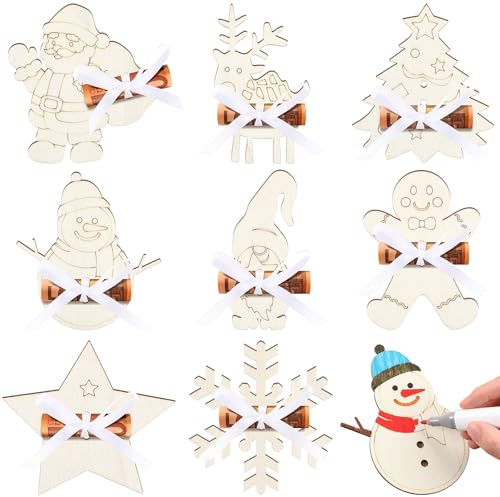 Otuuz 8 Stück Geldgeschenk Weihnachten Holz Set DIY Holzschmuck Weihnachtsbaum Anhänger Weihnachten Wunscherfüller Geldgeschenke Verpackung für Famile Freund Kollegen