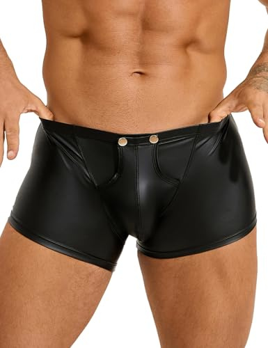 comeondear Sexy Boxershorts Herren mit Öffnung PU Leder Unterwäsche Mann | Sissy Dessous Männer,Große Größen,mit Beutel,Unterhosen mit Knöpfe,Reizwäsche,Erotische Slip,Hotpants,Gay,Clubwear,Outfit