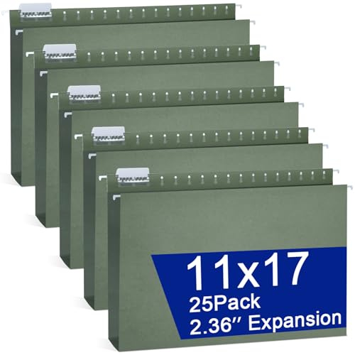 gisgfim 25 Pack Reinforced 11x17 Hanging File Folders 1/5 Cut Heavy Duty Hanging File Folders with Plastic Tabs & Label Cards Expanding Hangers File Organizer for Drawing Engineering Document (Green)