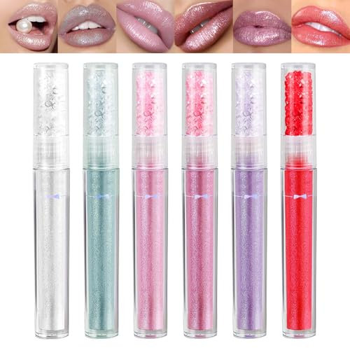 Diamant Lippenstift Set, 6 Farben 3D Shining Perlglanz Lipgloss Set, Wasserdichte & Langlebiger Lip Gloss, Glänzend Flüssiger Lippenstift mit Shimmer Metallic Finish, Lippenpflege für Trockene Lippen