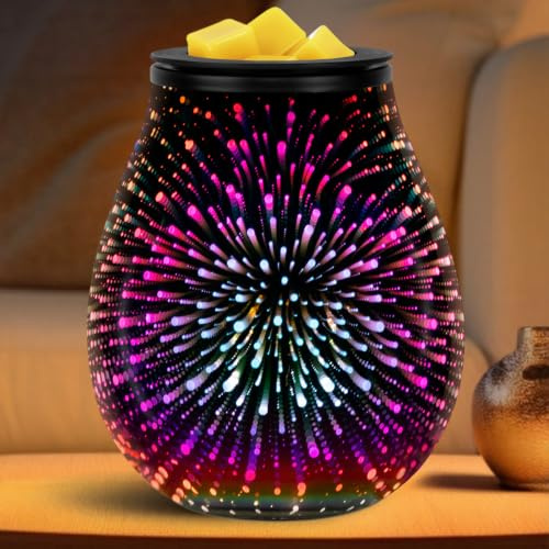 Wax Melt Warmer for Scented cubes, Electric 3D Glass Oil Burner with Removable Silicone Dish and Stable PTC Heating Element, 7 Colors Changing LED Light Wax Melts Burner for Bedroom Office Décor Gift