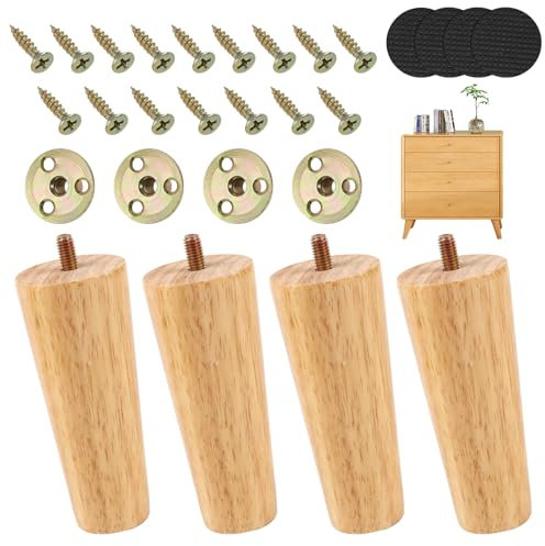 TDUNSYA 4 Pièces Pieds de Meubles en Bois Conique Massif, Pieds de Rechange en Bois, Pieds de Meuble en Bois Massif, avec Vis, pour Canapé, Lit, Fauteuil, Armoire, Meuble TV (12cm)