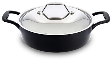 All-Clad Cast Iron Braiser Pan, 4 Qt Enameled Cast Iron Casserole Pan with Lid, Grill, Oven Safe up to 650F, Compatible with All Stovetops (Gas, Electric & Induction), Easy-Clean, Cookware, Black