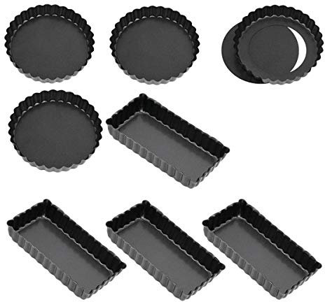 Qerwsdty 8 sartenes antiadherentes para tartas de quiche (redondas y rectangulares) con base extraíble, forma de tartas acanaladas para hornear frutas pasteles galletas