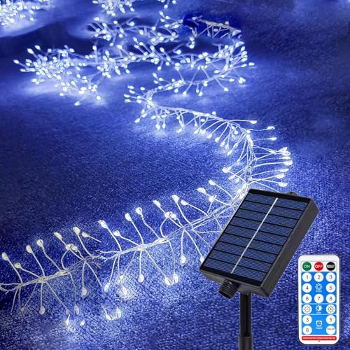 KINGCOO Solar Firecracker Lights Outdoor, Waterproof 19.6FT 200LED Silver Wire Cluster Fairy String Lights with Remote for Indoor Bedroom Curtain Window Wedding Christmas Party Decoration (White)