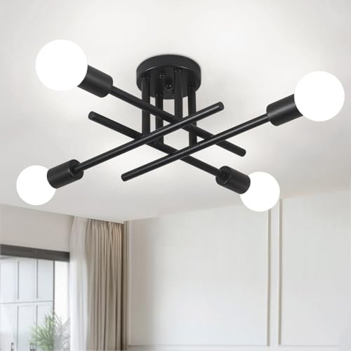 MRHYSWD Deckenleuchte Schwarz, 4 Flammig Schwarze Deckenlampe Vintage Retro | Deckenleuchte Wohnzimmer Schlafzimmer Küche Flur,Deckenbeleuchtung Industrial Kronleuchter Modern Deckenlampe E27(Ohne Birne)