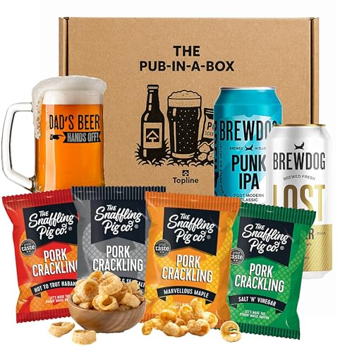 Crackling & Craft Beer Gift Set - Randomly Selected 4 Snaffling Pig Pork Cracklings, 2 x 440ml Ipa Lager Beers & Beer Tankard. Great Birthday Gifts for Men, Fathers Day (1 Hamper)