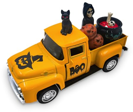 Teeloray Kürbis Deko, Vintage Metall Truck mit Miniatur Harz Kürbis Skelett Hexe Schwarz Katze und Geist Ornamente für Tischdeko Halloween Harz Figuren Deko für Kaminsims Haus Terrorparty Geschenke