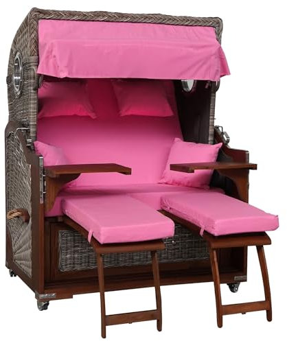 Webavita Strandkorb Bali Mahagoniholz | 2,5-Sitzer | Montiert | Geflecht Grau | Bezug Rosa | Halblieger | Beach Chair für den Garten Terrasse Balkon