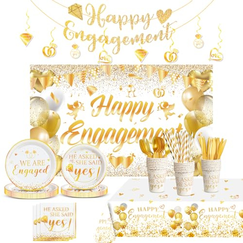 Engagement Party Decorations, Happy Engagement Party Supplies Kit, He Asked She Said Yes Paper Plates Napkins Disposable Dinnerware Tablecloth Backdrop for Wedding Proposal Decor, Serve 20