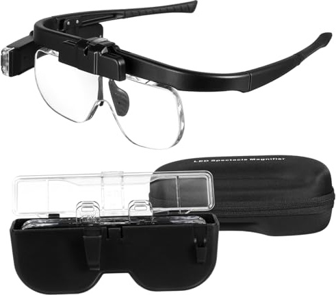 BCOATH Gafas de Aumento con Luz LED Recargables Manos Libres con Lente de Acrílico y Marco Abs para Lectura y Trabajos Detallados con Cable USB