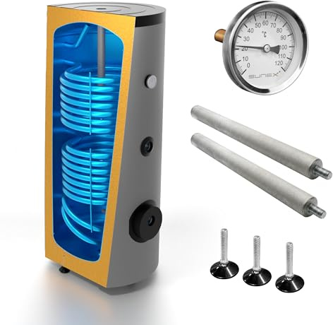 SUNEX Warmwasserspeicher 150L - Brauchwasserspeicher S2 mit 2 Wärmetauschern - für Solaranlage, Wärmepumpe und Kessel - Hochwertige Emaille 50mm PUR-Dämmung - inkl. Magnesiumanode & Thermometer
