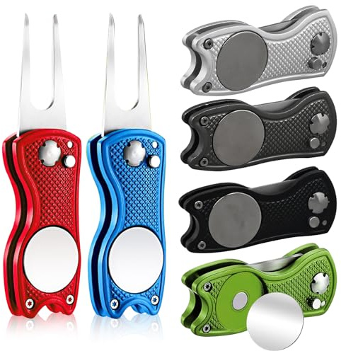 Kaxtde 6 Pcs Golf Pitch Mark Repairer Tool, Metal Foldable Divot Repair Tool with Magnetic Ball Marker & Pop-up Button, Lightweight Aluminum Pitch Fork for Golfers, Clubs & Society Prizes - 6 Colours