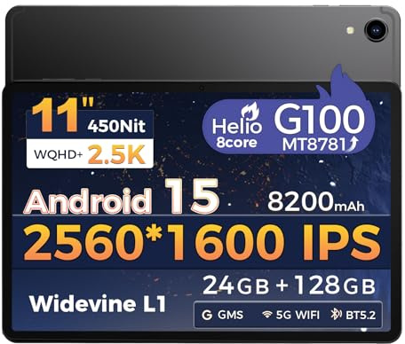RebotAi Tableta Android 15 11 Pulgadas, MediaTek Helio G100, 2560x1600 IPS, 24GB+128GB+1TB, Widevine L1, 8200mAh 5G Wi-Fi & Bluetooth 5.2, Giroscopio de 6 Ejes Incorporado Tableta para Juegos/Vídeo