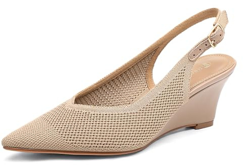 NEWBELLA Women's Wedge Heels - Minimalist Knitted Pumps with Back Straps, Comfortable Dress Shoes for Work & Everyday Wear, Beige 7