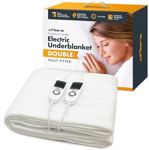 AIRSENZ Fully Fitted Double Electric Blanket With Dual Controls - Deep Elasticated Skirt - Fits like a Fitted Sheet - 9 Heat Settings - Unique Body and Feet Settings - 12 Hour Timer