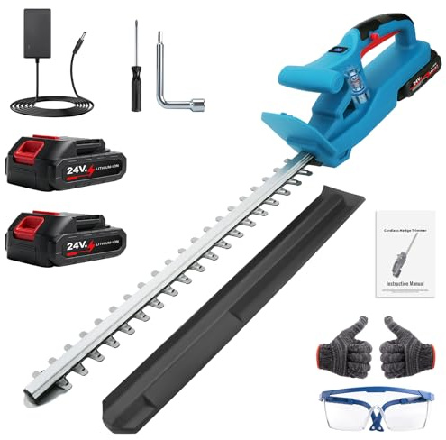 KAOLALI Cortasetos de 20 pulgadas, cortasetos eléctricos de 21 V con indicador de nivel de batería, cortasetos inalámbricos con 2 baterías 2000 mAh, hoja de doble acción 50 cm, cortasetos 600 W para