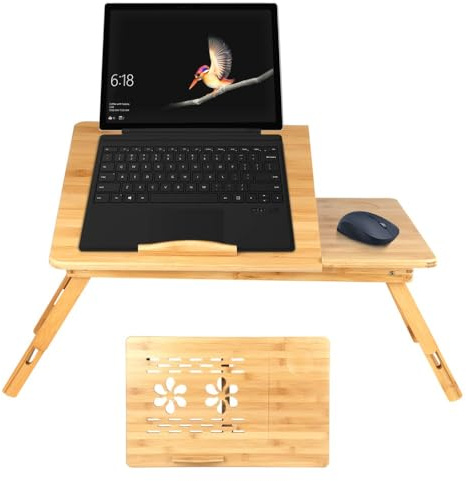Mesa de cama plegable de bambú para PC portátil reclinable, mesa plegable, bandeja de servicio de desayuno, altura ajustable, estante de cama, natural (66 x 35 x 30 cm)