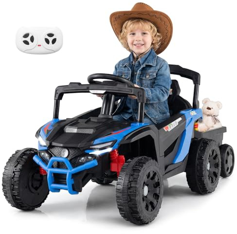 COSTWAY Macchina Elettrica per Bambini UTV con Rimorchio Staccabile, 12V Trattore con Telecomando, Sospensioni a Molla, Luci e Musica, Veicolo Elettrico per Bambini 3+ Anni (Blu)