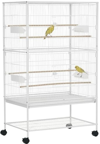 PawHut Gabbia per Uccelli da Interni in Acciaio e Legno con Vassoio Estraibile, 4 Ruote, Trespolo e Contenitore per Alimenti, 78x52x132cm, Bianco