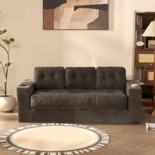 Litbird Bodensofa 190 cm 3-Sitzer, Modulares Cord Sofa mit Rückenlehne, Couch für Jugendzimmer, Studenten & kleine Wohnungen, mit Kissen und Getränkehaltern (Grau)