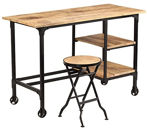 Qnhdfrt Scrivania con sgabello pieghevole in legno massiccio di mango, scrivania per computer vintage dal design industriale con ruote, tavolo da lavoro per ufficio e home office, 115 x 50 x 76 cm